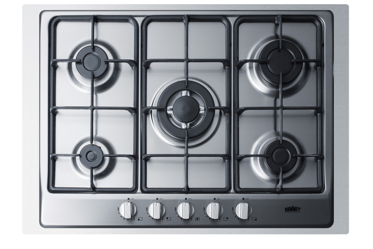 5-burner gas cooktop made in Italy in a stainless steel finish with sealed burners, cast iron grates, and wok stand; fits standard 24